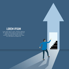 Fototapeta premium The businessman walked towards the door leading up. The one who walks towards the light. The door to success. People who are on their way to success. a man walks to the door.