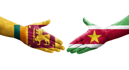 Handshake between Sri Lanka and Suriname flags painted on hands, isolated transparent image.