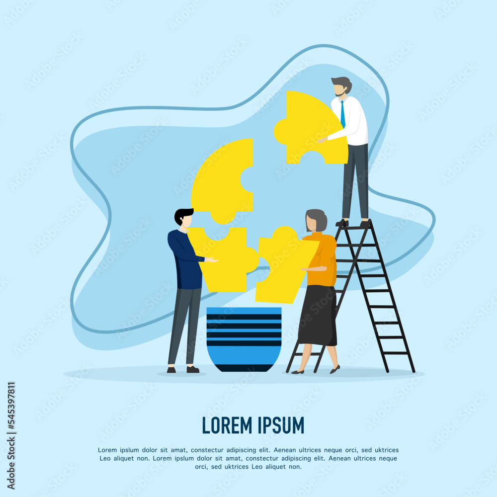 Poster business concept. people connecting puzzle in the shape of a light bulb. concept of teamwork and dev