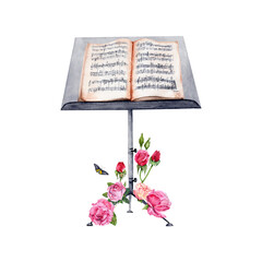 Fototapeta na wymiar Music Stand with Sheet Music decorated with Roses watercolor illustration on transparent background