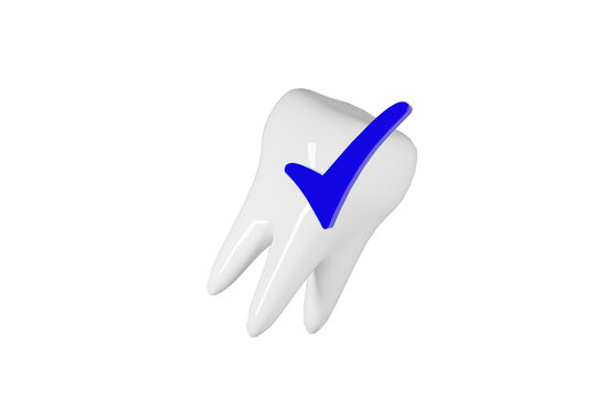 Whitening tooth and blue check mark. Dental clinic 3d render.