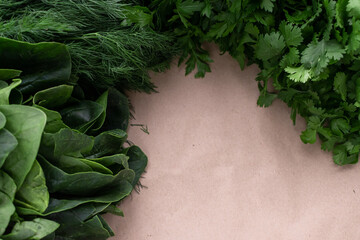 Autumn harvest. Greens and vegetables frame. to cook. Grocery background. Health food. Vegetarian. View from above. Place for text.