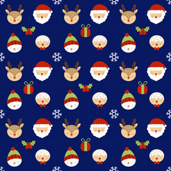 Seamless cute pattern of winter Merry Christmas and Happy New year with Santa Claus, Reindeer, snowman, gingerbread, snowflake, gift box and flower for wrapping paper, background, cloth, or decoration