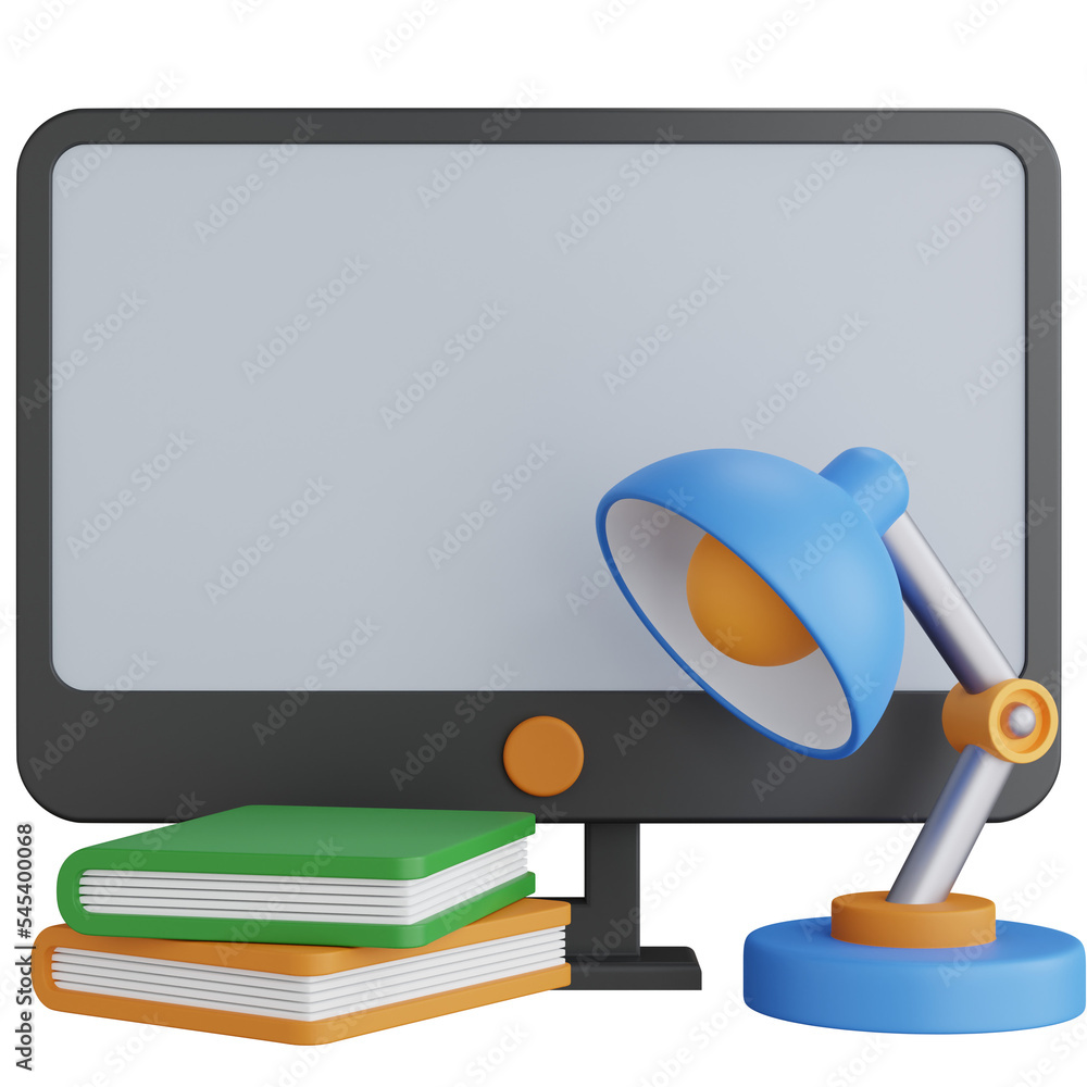 Poster 3d rendering computer with books and desk lamp isolated