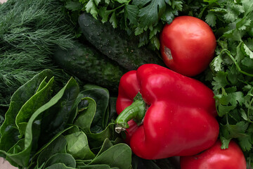 Autumn harvest. Greens and vegetables frame. to cook. Grocery background. Health food. Vegetarian. View from above. Place for text.