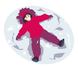 cute little girl in warm clothes lying in snow. suitable for the themes of winter, play, childhood, fun, etc. flat vector illustration