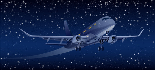 Detailed realistic vector illustration of an airplane with landing gear on dark night background. Transportation and travel - obrazy, fototapety, plakaty