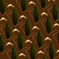Pattern of white calla lily and leaves in gold frame on brown backgrounds
