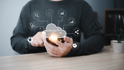 man use cloud computing diagram show on hand. Data storage.Cloud technology.Secure backup...