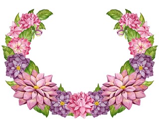 Watercolor decoration with dahlia flowers and leaves.