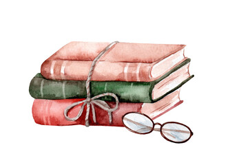 Old books. Watercolor hand drawn illustration isolated on white background