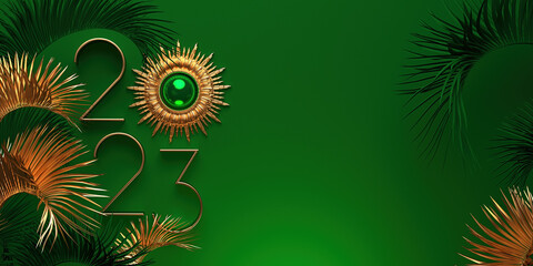 2023 New Year design template with golden palm leaves. 3D render illustration for a greeting card, invitation or banner.