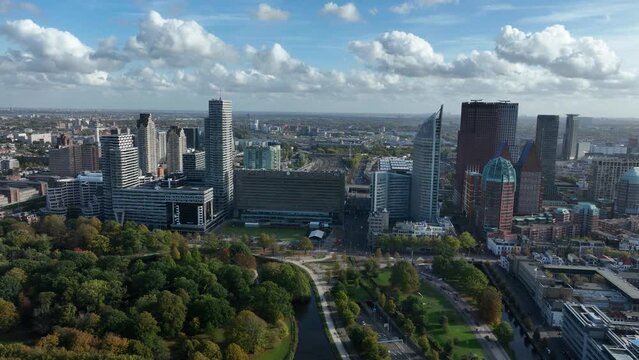 The Hague urban skyline of the center in The Netherlands south Holland, houses dutch government embassier ministires and supreme court and royal family. Aerial drone view.