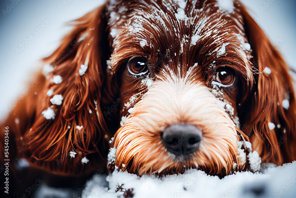 Sticker Dog playing in the snow, digital illustration