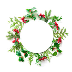 Round frame of Christmas tree branches and decorations with blank card and space for text