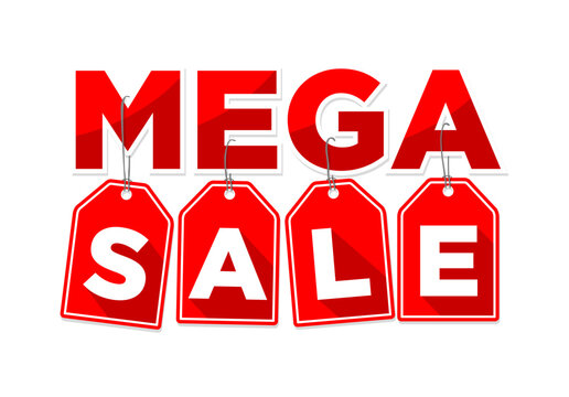 Banner template for mega sale with red price tags for discount. Vector on transparent background