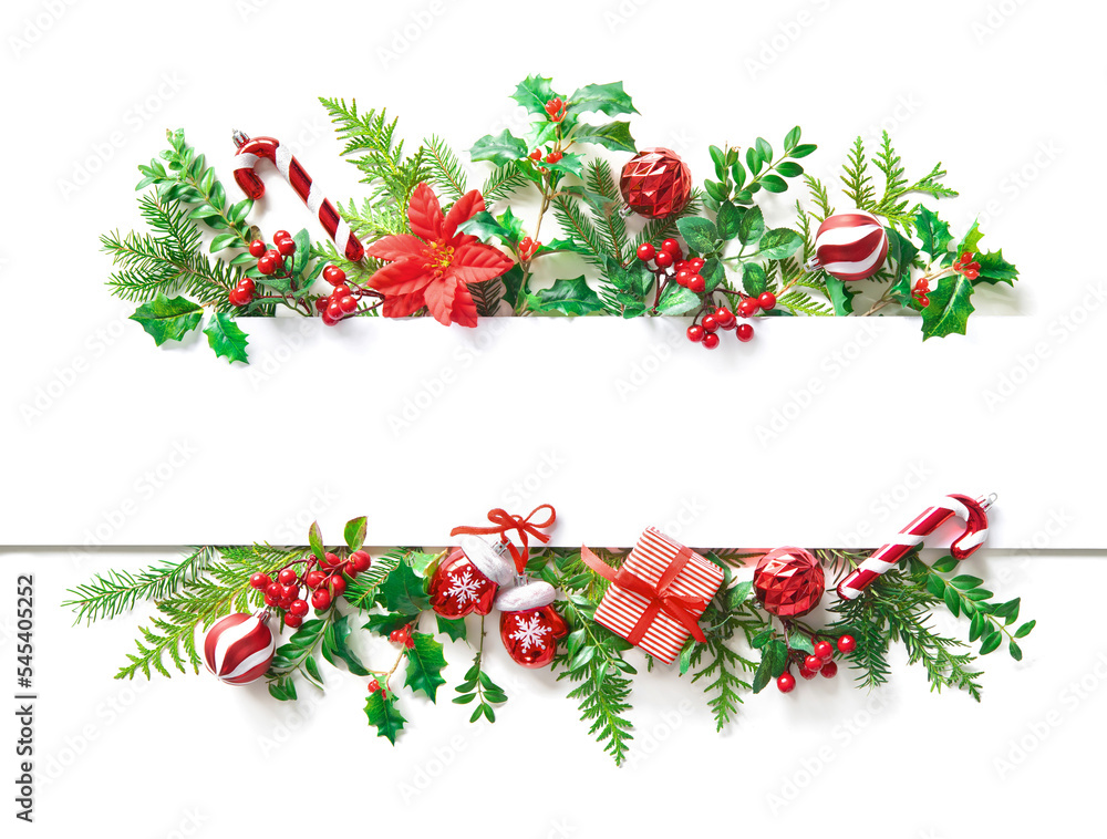 Poster christmas tree branches and decorations with blank card and space for text