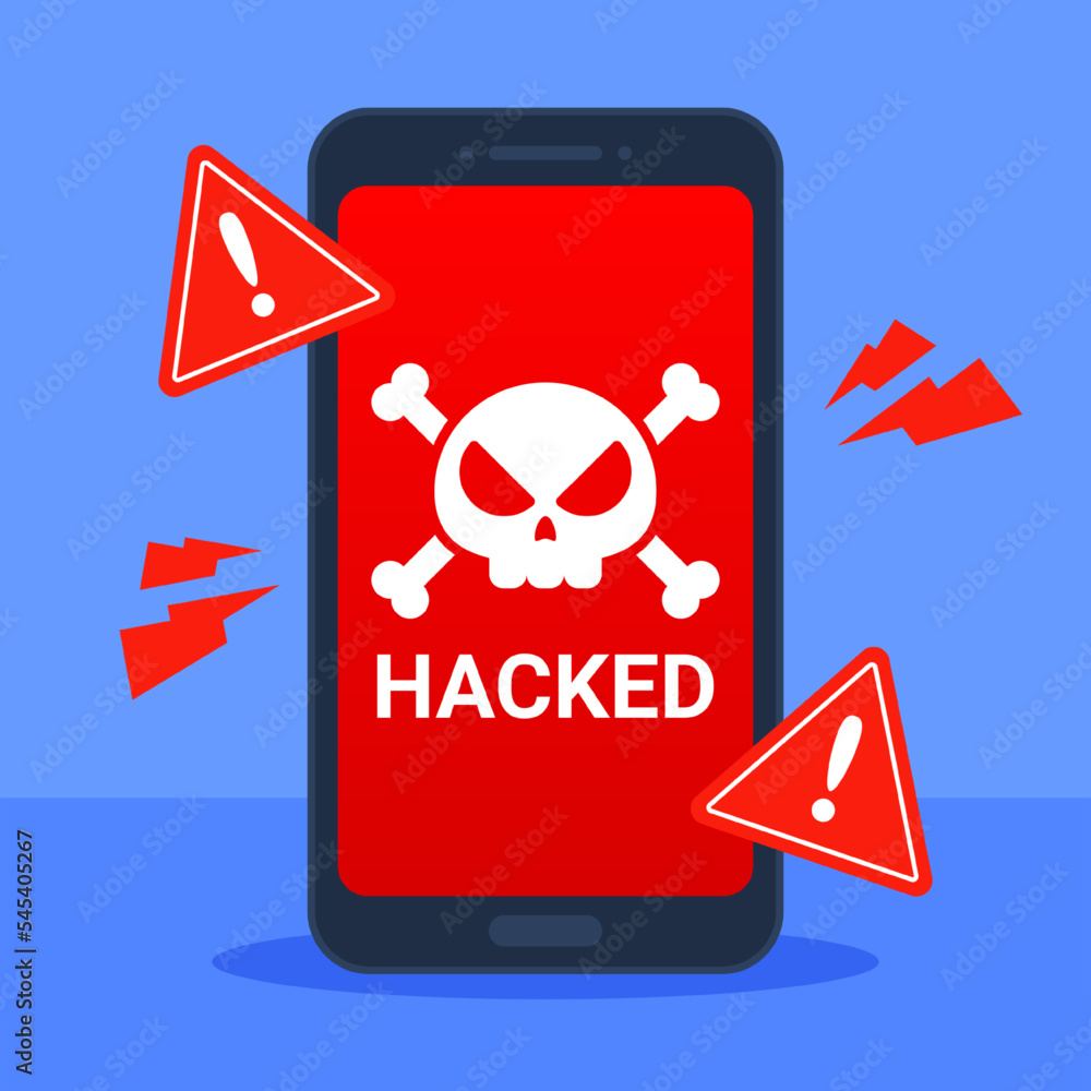 Aufkleber skull icon on hacked smartphone screen. system security vulnerability. error warning alert. cybercri