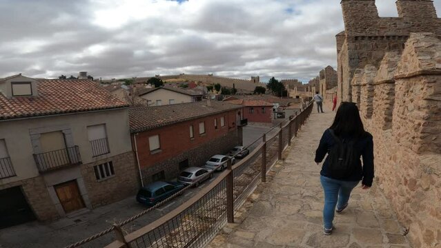 Avila defensive wall or battlement Sourrounding the city. Turist vist avila city and wall.