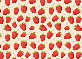 Seamless repeating pattern with strawberries and flowers on a light background. Vector illustration.
