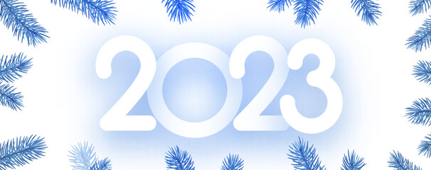 2023 sign with fir on blue background.