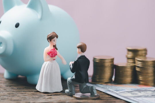 Save money for wedding and planning wedding concept. Sustainable financial goal for family life or married life. Miniature wedding on rows of rising coins, depicts savings or growth for new family.
