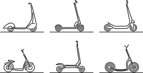 Set of simple flat design vector images of various types of kick scooters drawn in art line style.