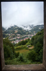
landscape mountains mist colors houses