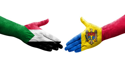 Handshake between Sudan and Moldova flags painted on hands, isolated transparent image.