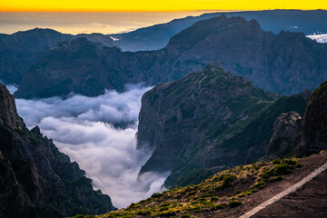 Picturesque dusk in a mountain landscape in the valley of Pico do Ariero. Verade do Pico Ruivo, Madeira Island, Portugal, Europe.