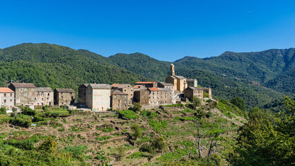 Fototapeta na wymiar Pietricaggio, a dreamy hilltop village nestled in the mountains of Castagniccia, Corsica, France