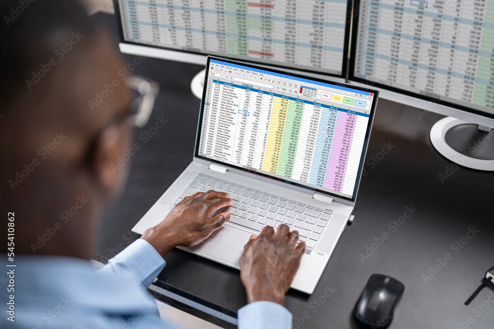 Poster data analyst african man using spreadsheet