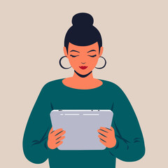 The girl holds in her hands a tablet, reading, browsing Web, messaging, correspondence, vector flat style