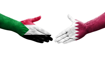 Handshake between Sudan and Qatar flags painted on hands, isolated transparent image.