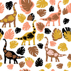 Kids seamless pattern with animal, dino, rainbow, florals. Vector illustration with boho doodle elements for nursery room decor, children design, baby shower invite.