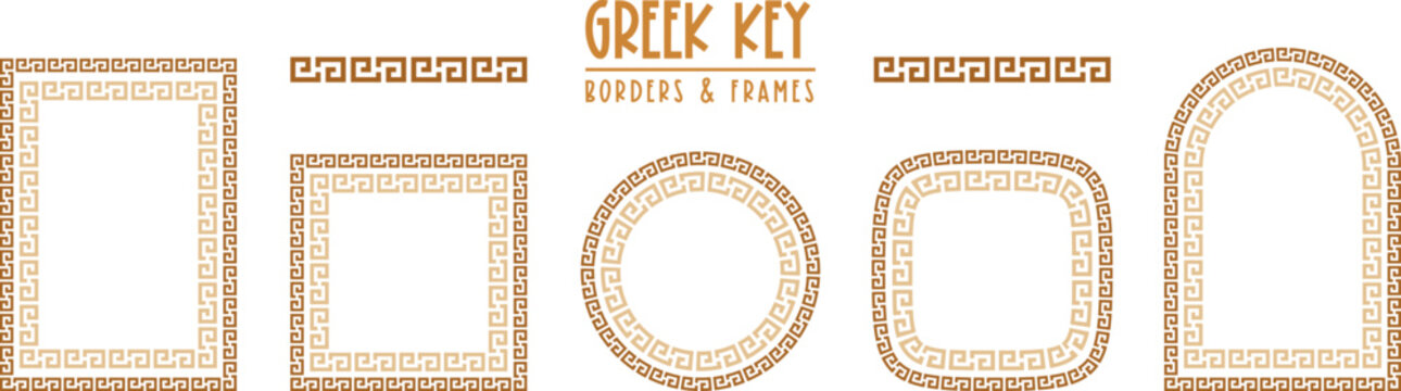 Greek key frames and borders collection. Decorative ancient meander, greece ornamental set, repeated geometric motif. Frames consist from tiny bricks, easy to resize or change frames proportion.