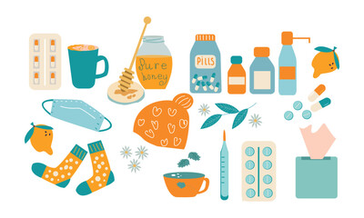 Cold flu and virus treatment concept. Handkerchief, medicine, drugs and natural illness treatments.Childish vector illustration