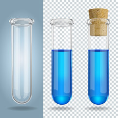 Three 3D transparent glass test tubes with blue liquid. Vector Illustration.