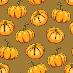 Seamless pattern with halloween pumpkins on color background. Scary and funny faces. Cute Pumpkin or ghost. Vector autumn holidays illustration