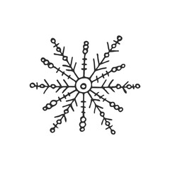 A hand-drawn snowflake. Vector illustration in doodle style. Winter mood. Hello 2023. Merry Christmas and Happy New Year. Black element on a white background.