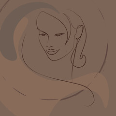 One continuous line hand drawn vector art with beautiful woman face in elegant curve. Skin color palette, abstract forms. Modern simplistic design for fashion, wall art, print, tattoo, cover, card.
