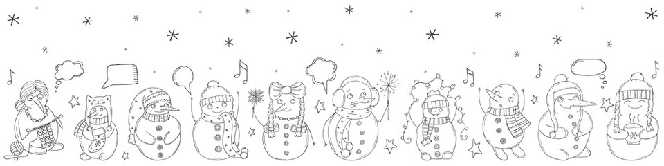Set of cute snowmen on a white background. Vector illustration in doodle style. Winter mood. Hello 2023. Merry Christmas and Happy New Year.