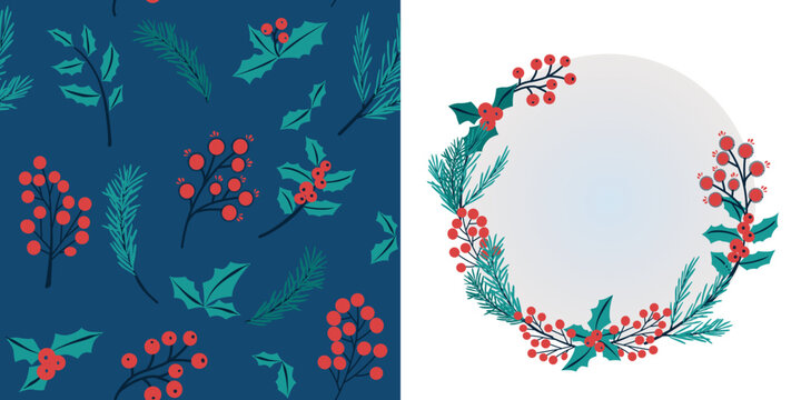 Conjunto de Navidad con estampado navide&ntilde;o y tarjeta de felicitaci&oacute;n, dise&ntilde;o estacional de invierno, corona decorativa simple con elementos florales navide&ntilde;os