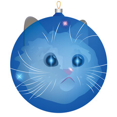 Christmas toy blue ball with a white cat.