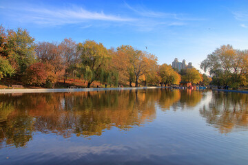 Fototapeta na wymiar Mirror lake in the city park in autumn.
