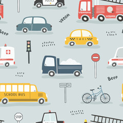 Seamless pattern with cute cars, traffic lights and traffic signs. Can be used for nursery room, textile, wallpaper, packaging, clothing.