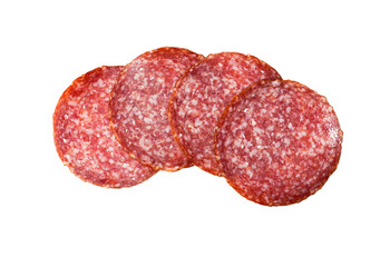 Sliced salami isolated on white background with transparent PNG. Sausage top view. - obrazy, fototapety, plakaty