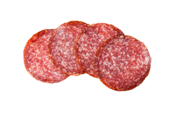 Sliced salami isolated on white background with transparent PNG. Sausage top view.