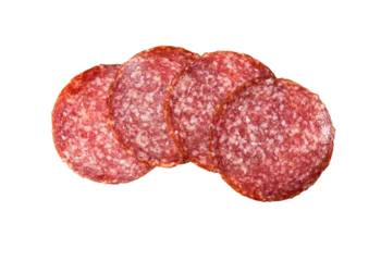 Fotobehang Sliced salami isolated on white background with transparent PNG. Sausage top view. © Phuangphet