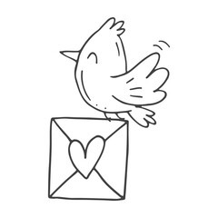 Set of cute hand-drawn doodle elements about love. Message stickers for apps. Icons for Valentines Day, romantic events and wedding. A bird with an envelope with hearts and a love letter.